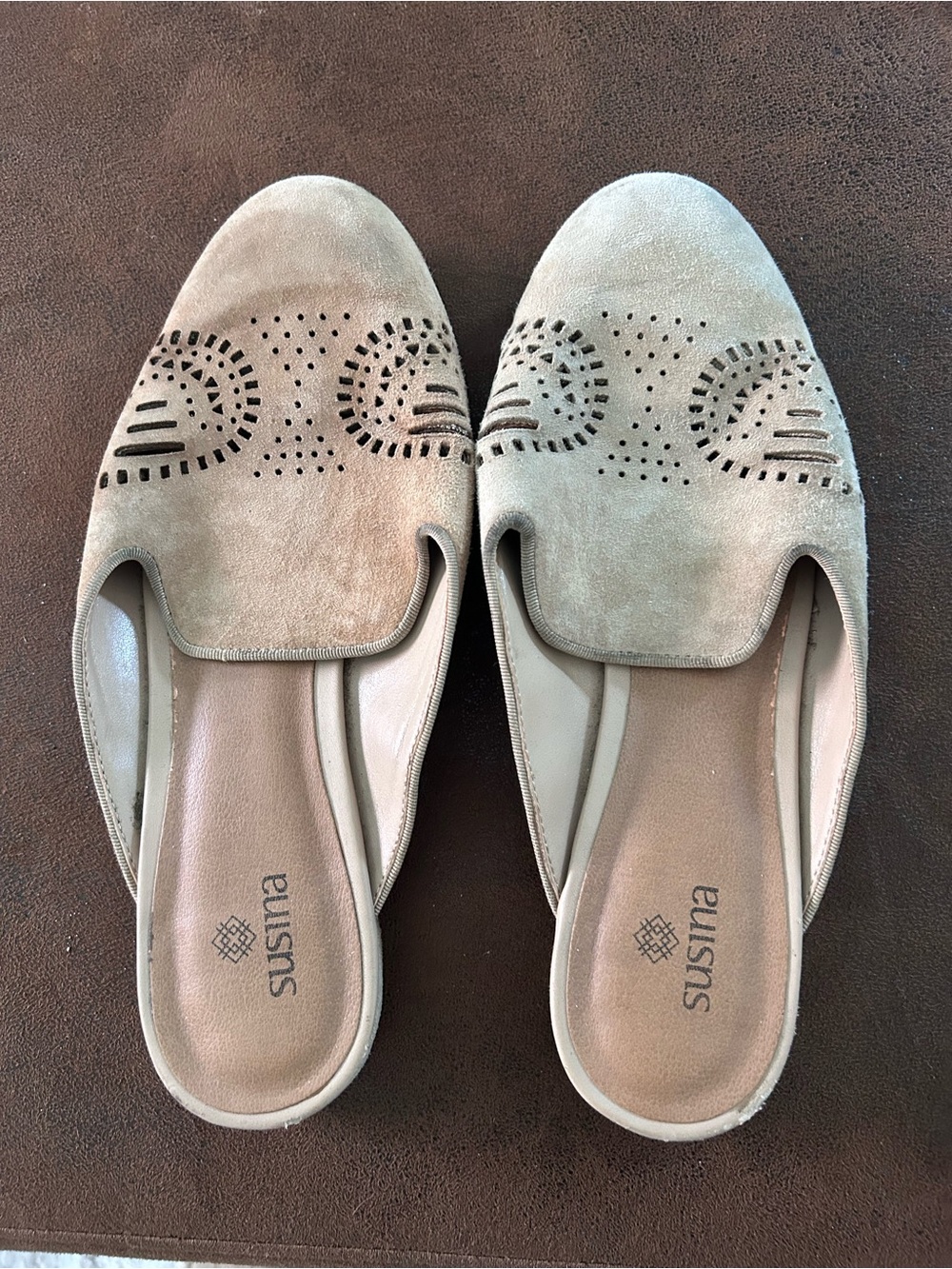 Susina Taupe Suede Slip-On Flats with Laser-Cut Detail